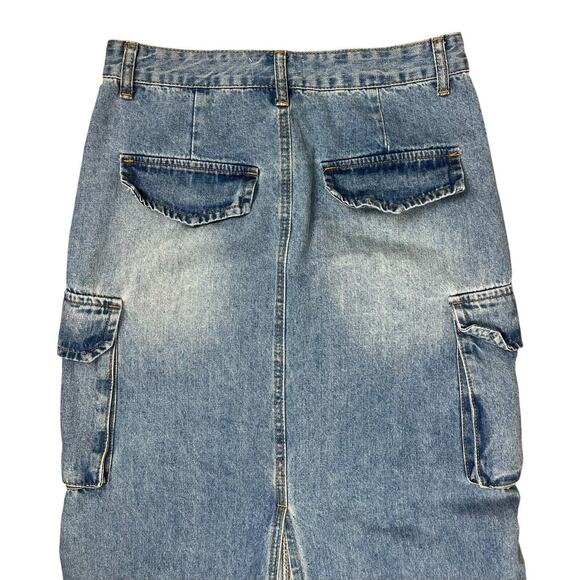 Angel Kiss Y2k Cargo Denim Jean Maxi Skirt Back Split Side Bungee Size 9/29 - Picture 4 of 6